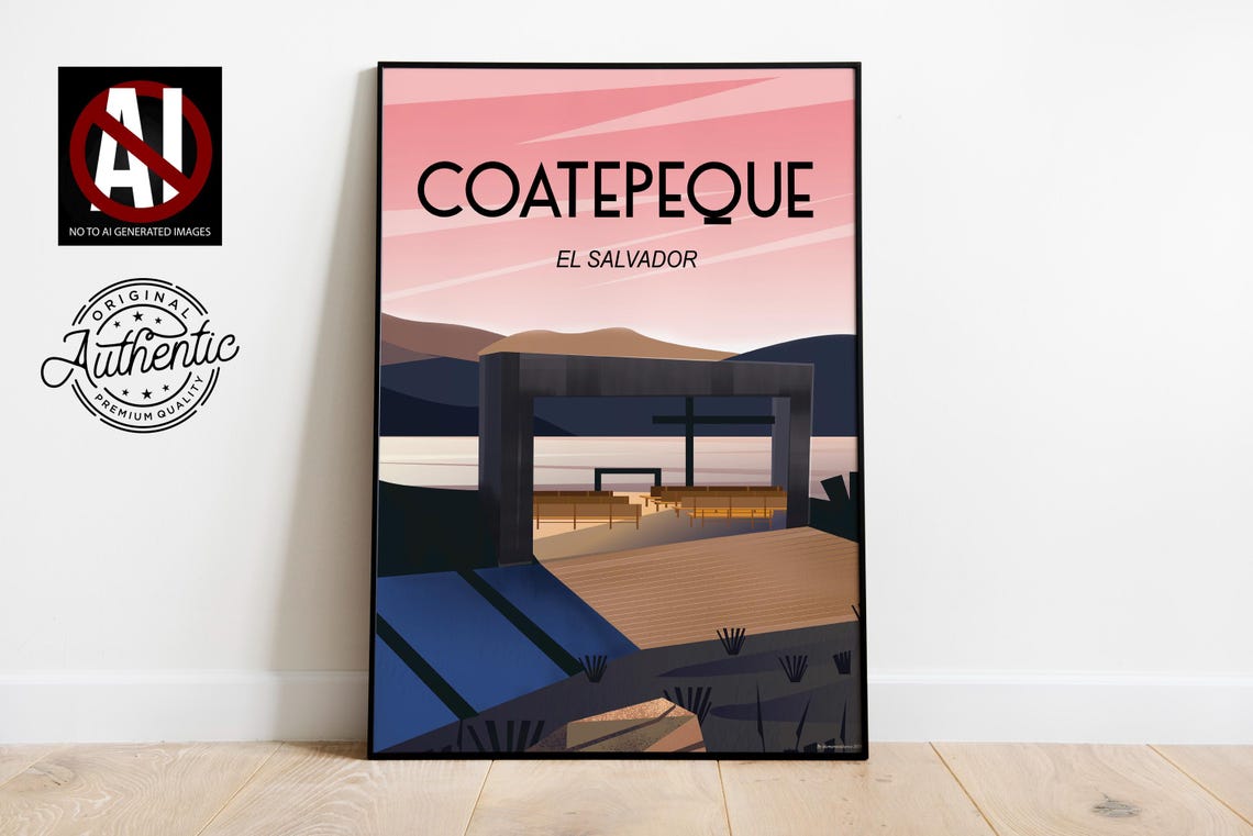 Coatepeque El Salvador Lakeside Pier Sunset Retro Travel Poster