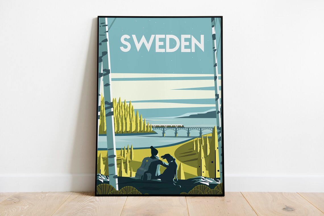Sweden Lakeside Birch Forest Train Bridge Scenic Travel Poster