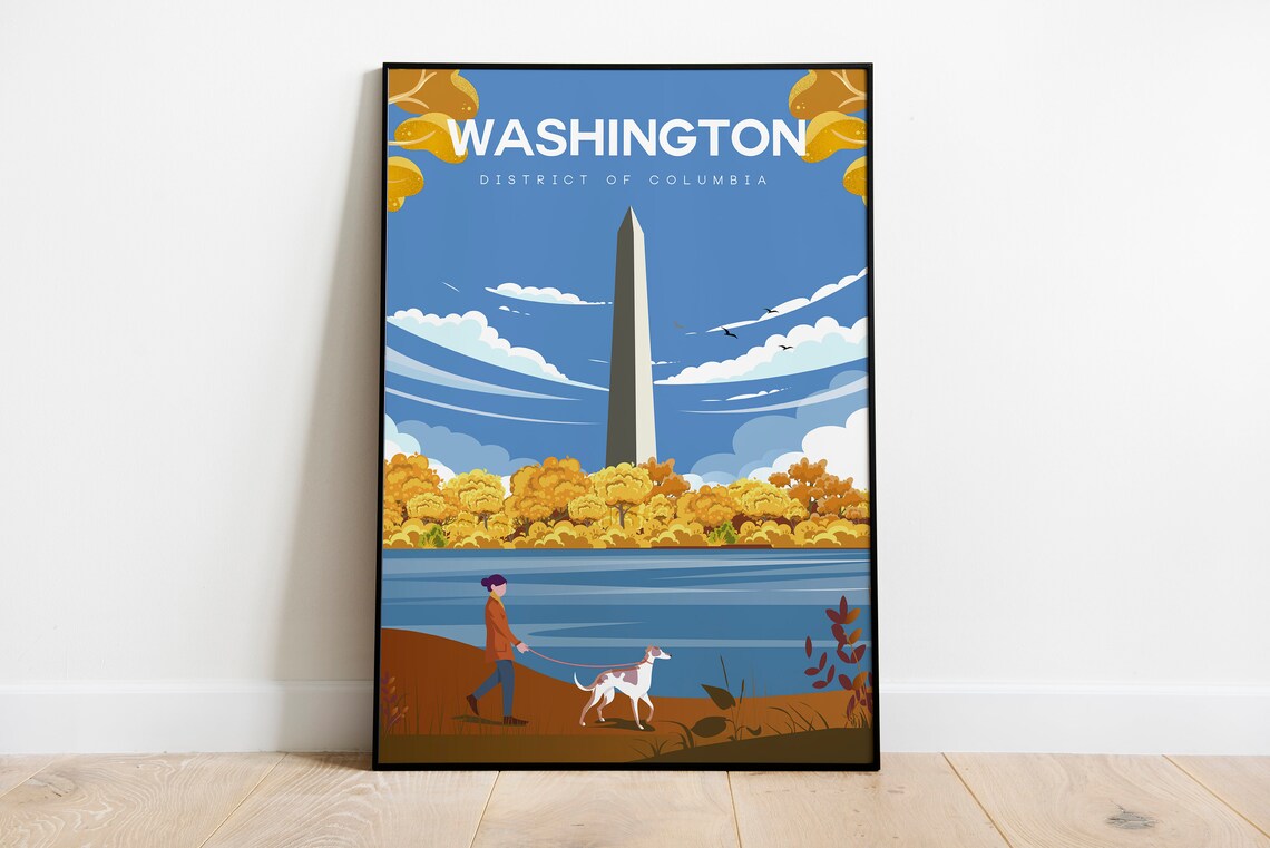 Washington DC Monument Autumn Dog Walk Scenic Vintage Travel Poster