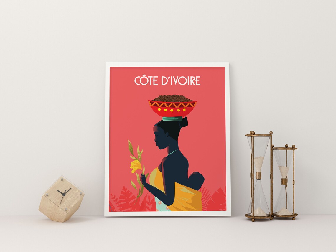 Cote d'Ivoire African Woman Coral Red Portrait Retro Travel Poster - Image 2