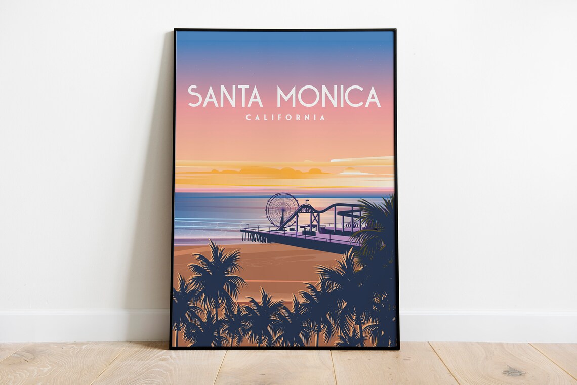 Santa Monica California Pier Ferris Wheel Sunset Travel Poster