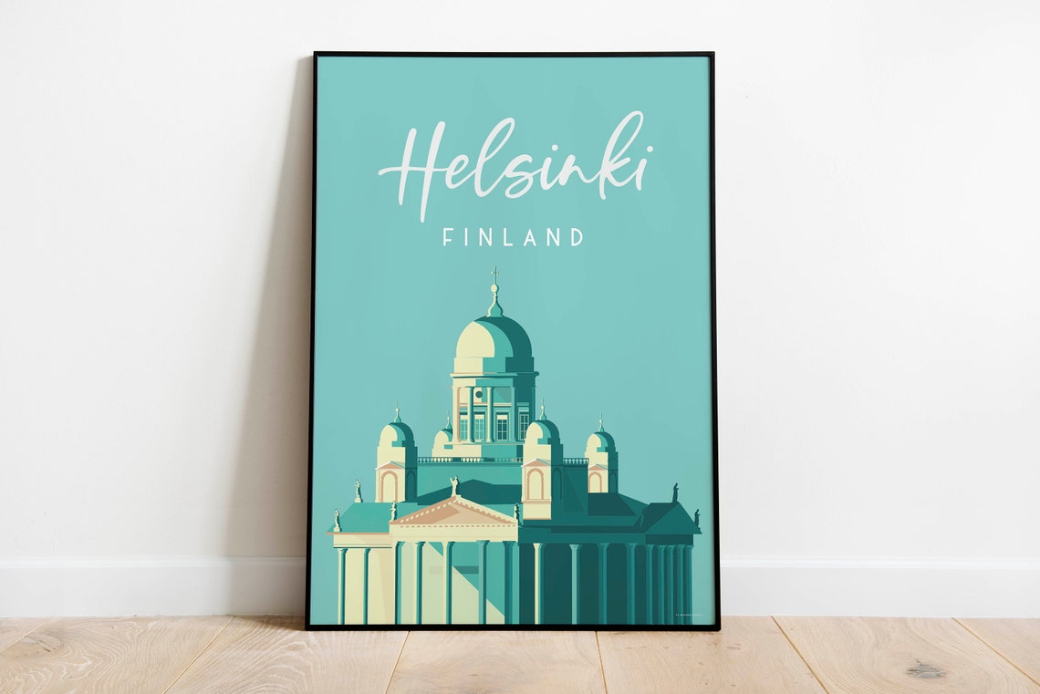 Helsinki Finland Cathedral Mint Green Script Vintage Travel Poster - Image 2