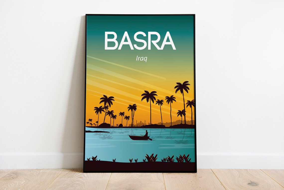 Basra Iraq Sunset River Palms Silhouette Vintage Travel Poster