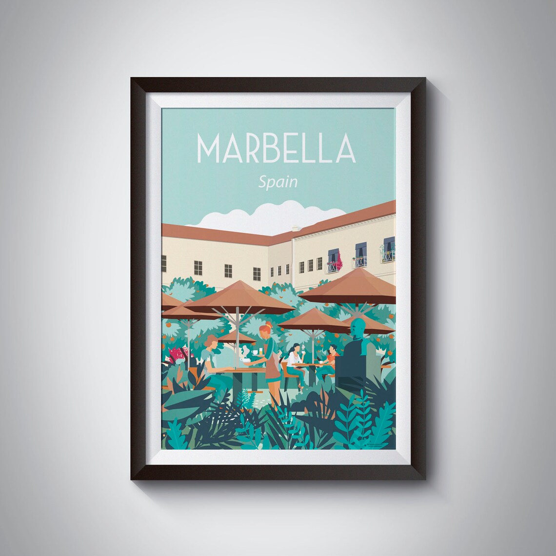 Marbella Spain Orange Tree Plaza Cafe Umbrellas Vintage Travel Poster - Image 2