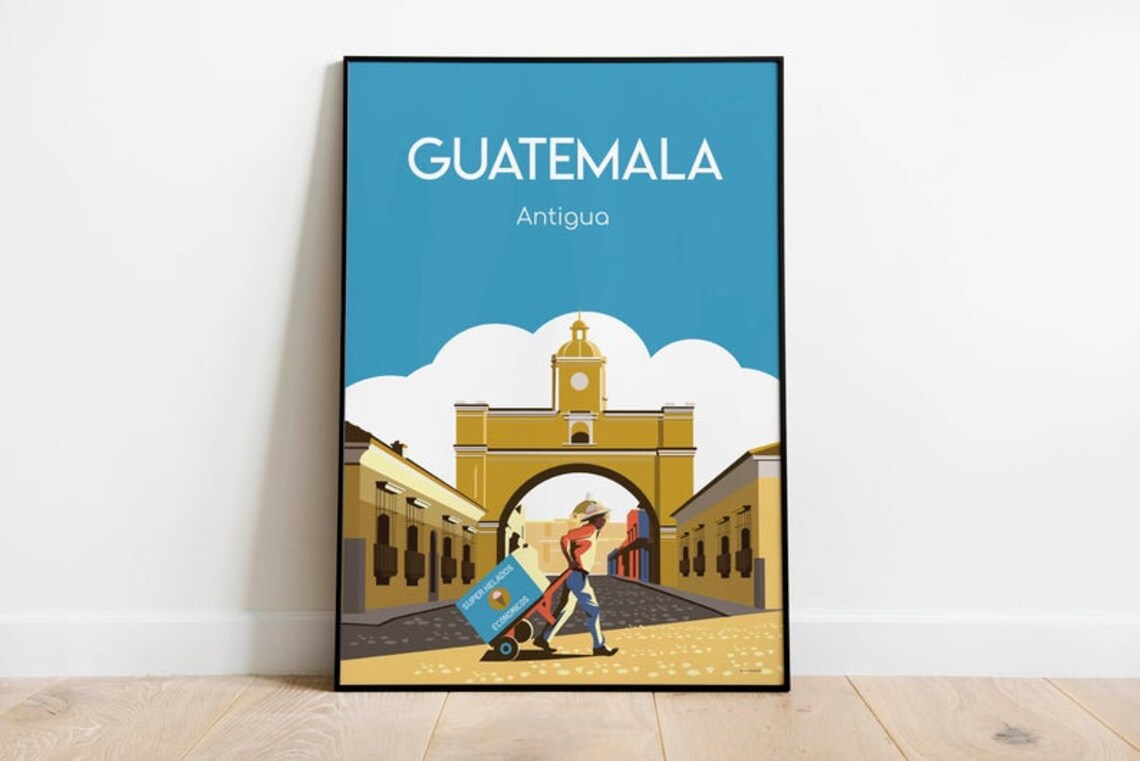 Guatemala Antigua Travel Poster Santa Catalina Arch Street Scene