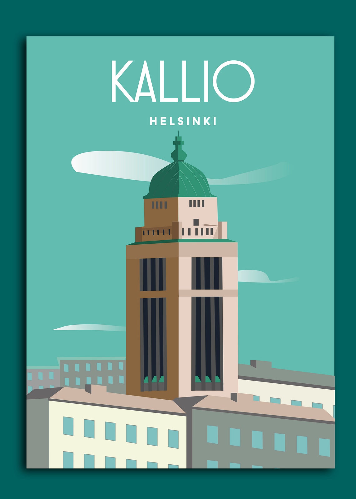 Kallio Helsinki Church Tower Teal Illustration Travel Poster - Image 3