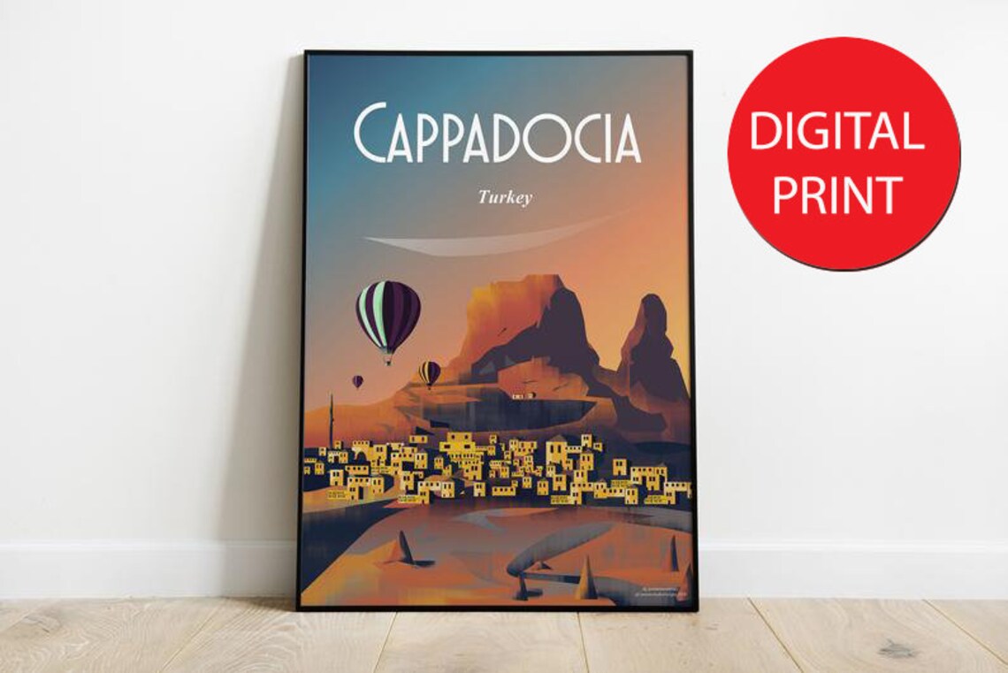 Cappadocia Turkey Hot Air Balloons Sunset Retro Travel Poster