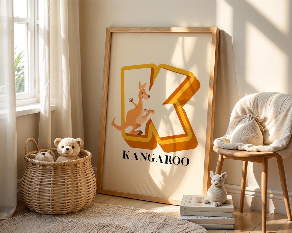 Letter K Kangaroo Alphabet Nursery Poster For Kids Room Decor