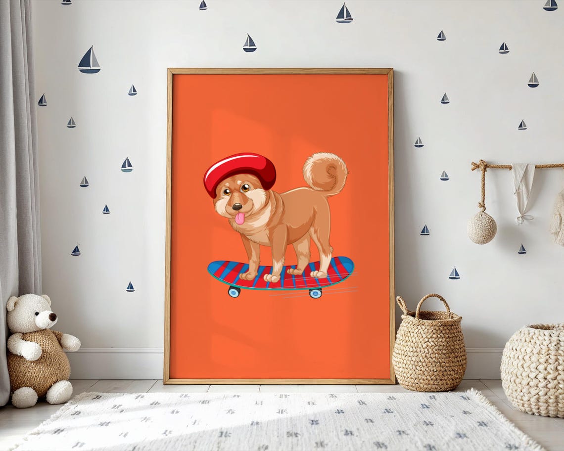 Funny Skateboarding Dog In Red Beret On Orange Background Poster