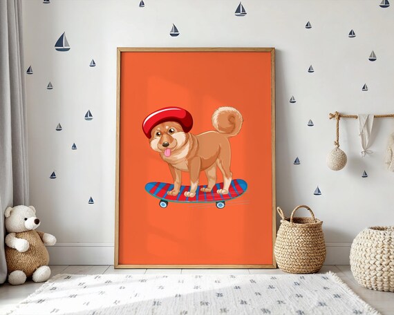 Funny Skateboarding Dog In Red Beret On Orange Background Poster