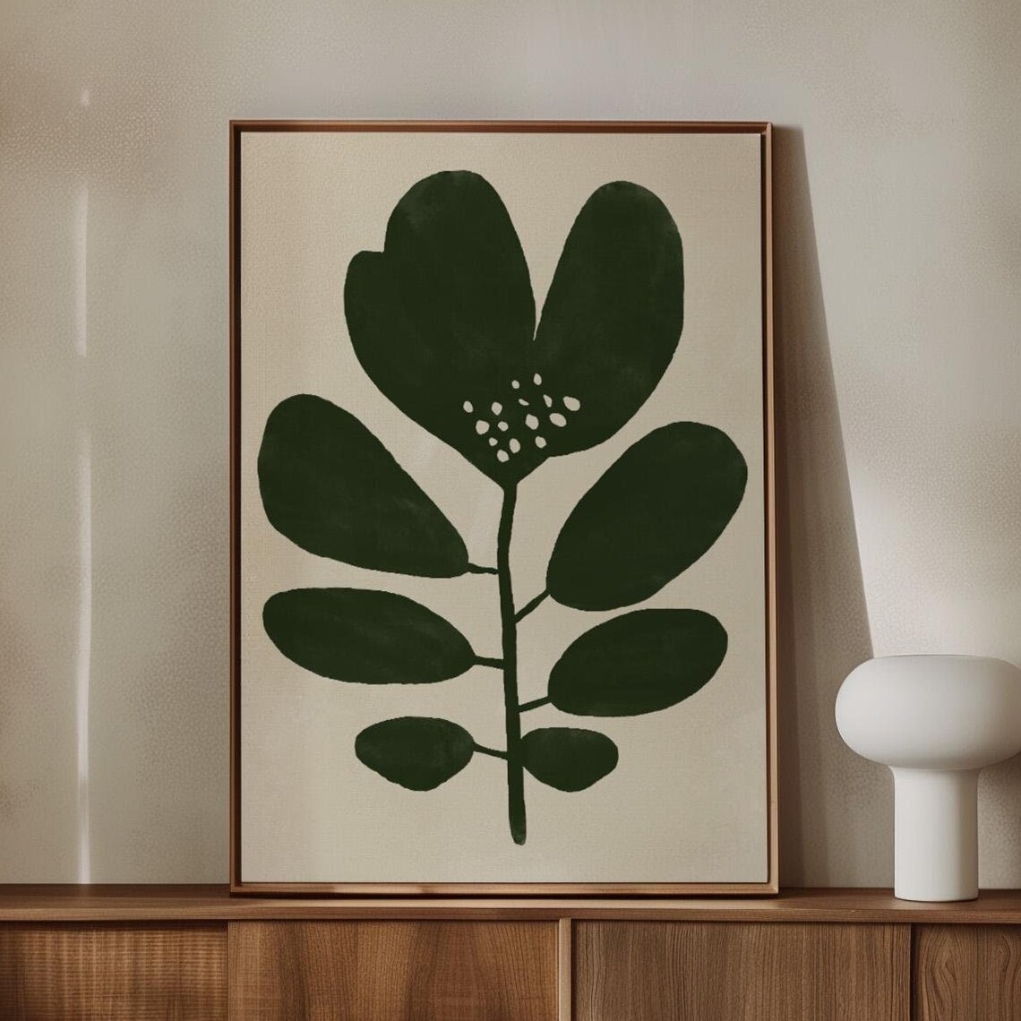 Dark Green Leaf Stem Cream Background Minimalist Botanical Art Poster