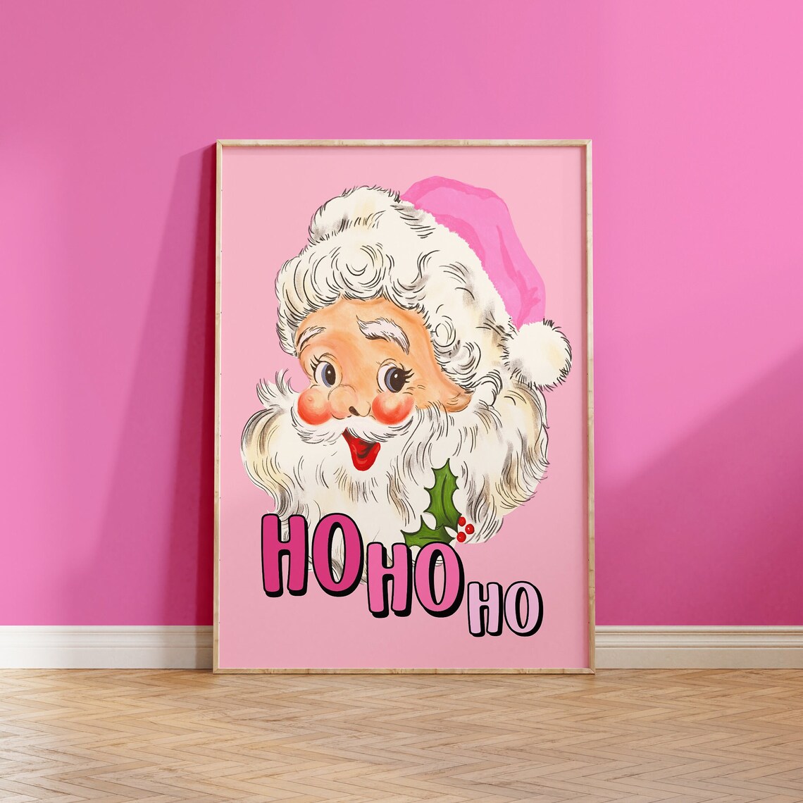 Pink Santa Claus Vintage Retro Christmas Art Print