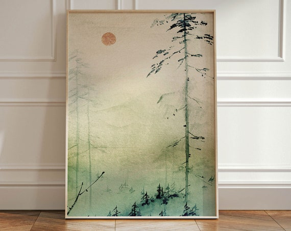 Japanese Wall Art Print Japandi Dcor Mountain Wall Art Minimalist Wall Art Green Landscape Wall Art Poster Print Oriental Wall Hanging