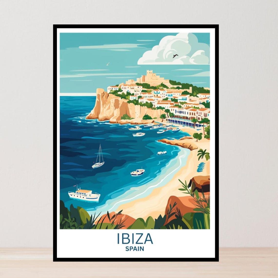 Ibiza Spain Whitewashed Old Town Cliffs Beach Vintage Travel Poster