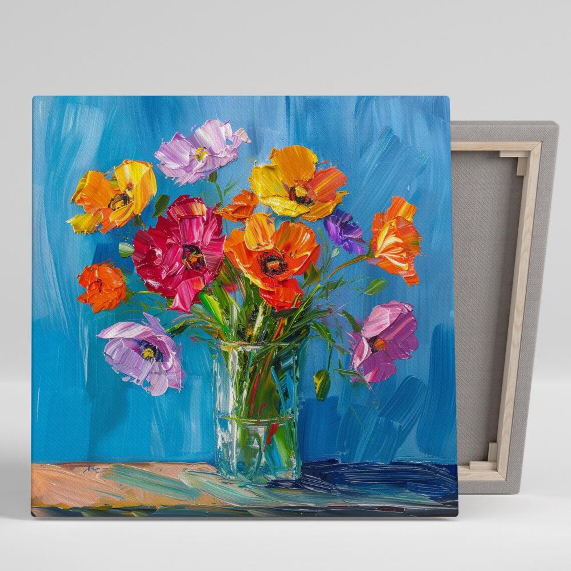 Colorful Poppy Bouquet Glass Vase Impressionist Blue Floral Art Poster