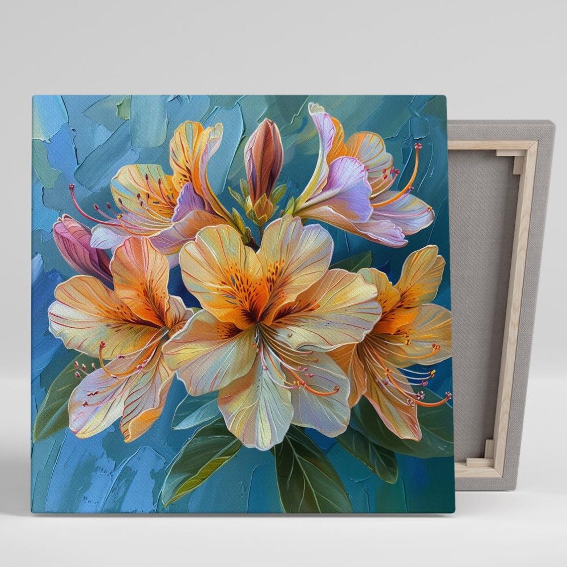 Orange Azalea Blooms Impasto Teal Vibrant Painterly Floral Art Poster