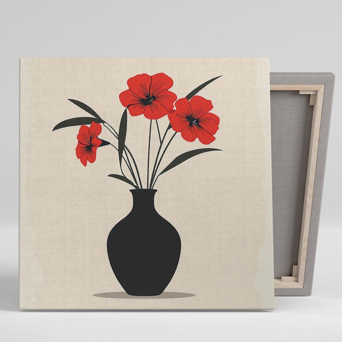 Red Poppies Black Vase Minimalist Scandinavian Flat Floral Art Poster