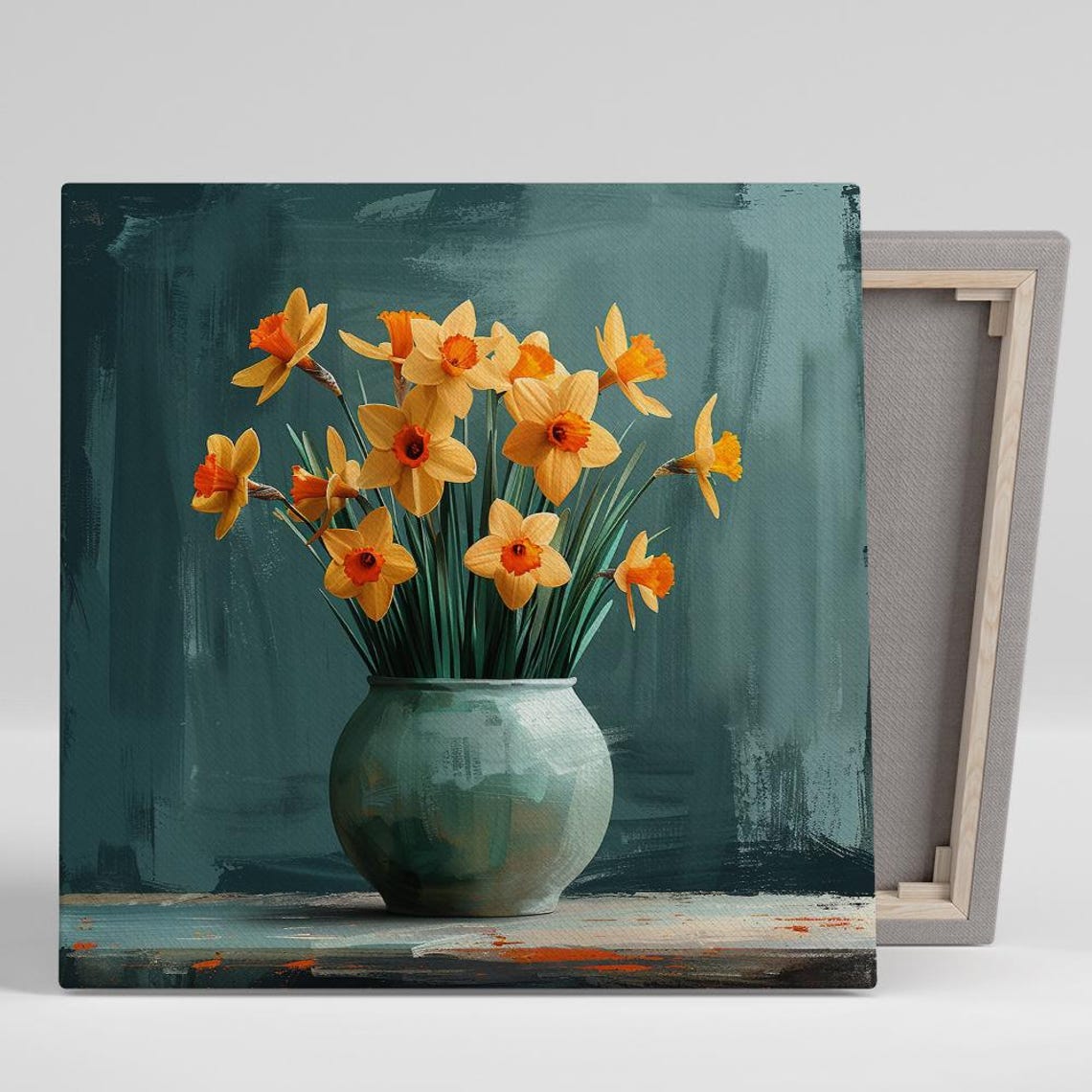 Yellow Daffodil Bouquet in Green Ceramic Vase Rustic Wall Art