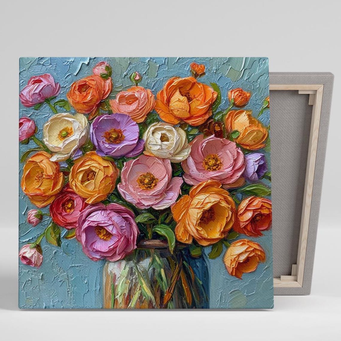 Ranunculus Bouquet Orange Pink Impasto Glass Vase Art Poster