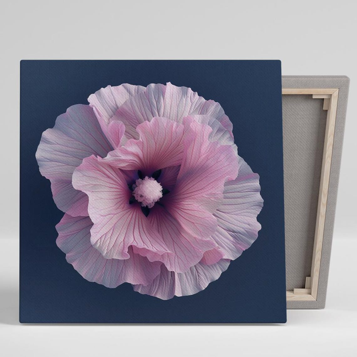 Pink Hibiscus Bloom Macro on Midnight Navy Background Floral Print