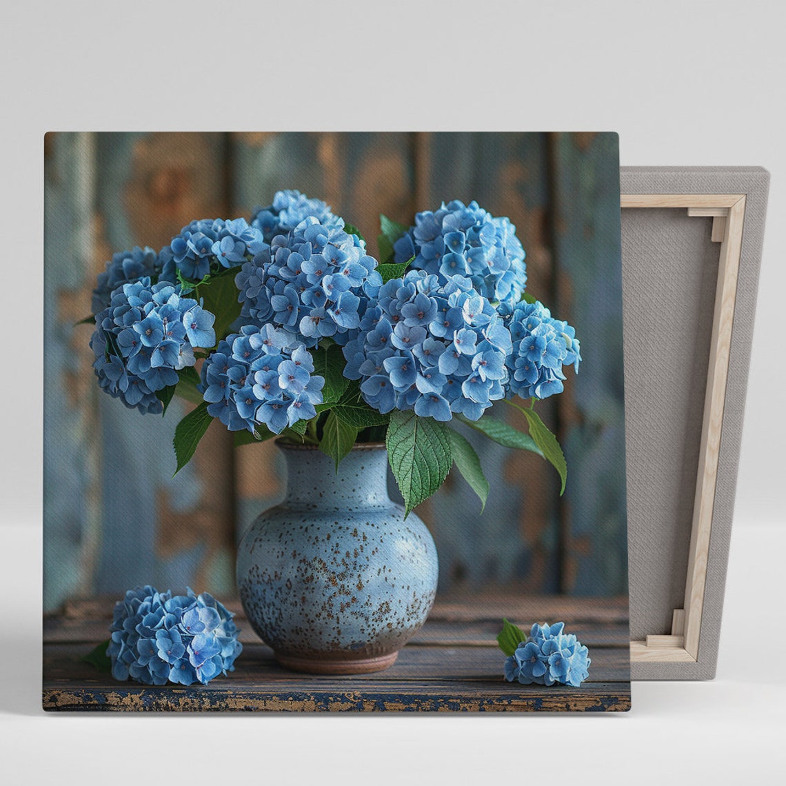 Blue Hydrangea Bouquet Speckled Vase Rustic Wood Elegant Art Poster