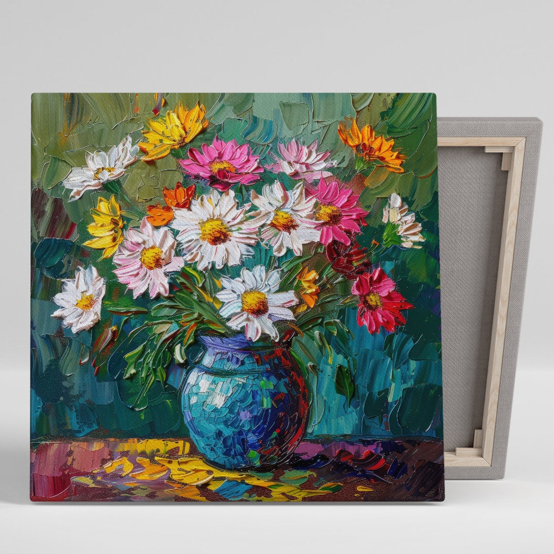 Colorful Daisy Bouquet Blue Vase Impasto Painterly Art Print