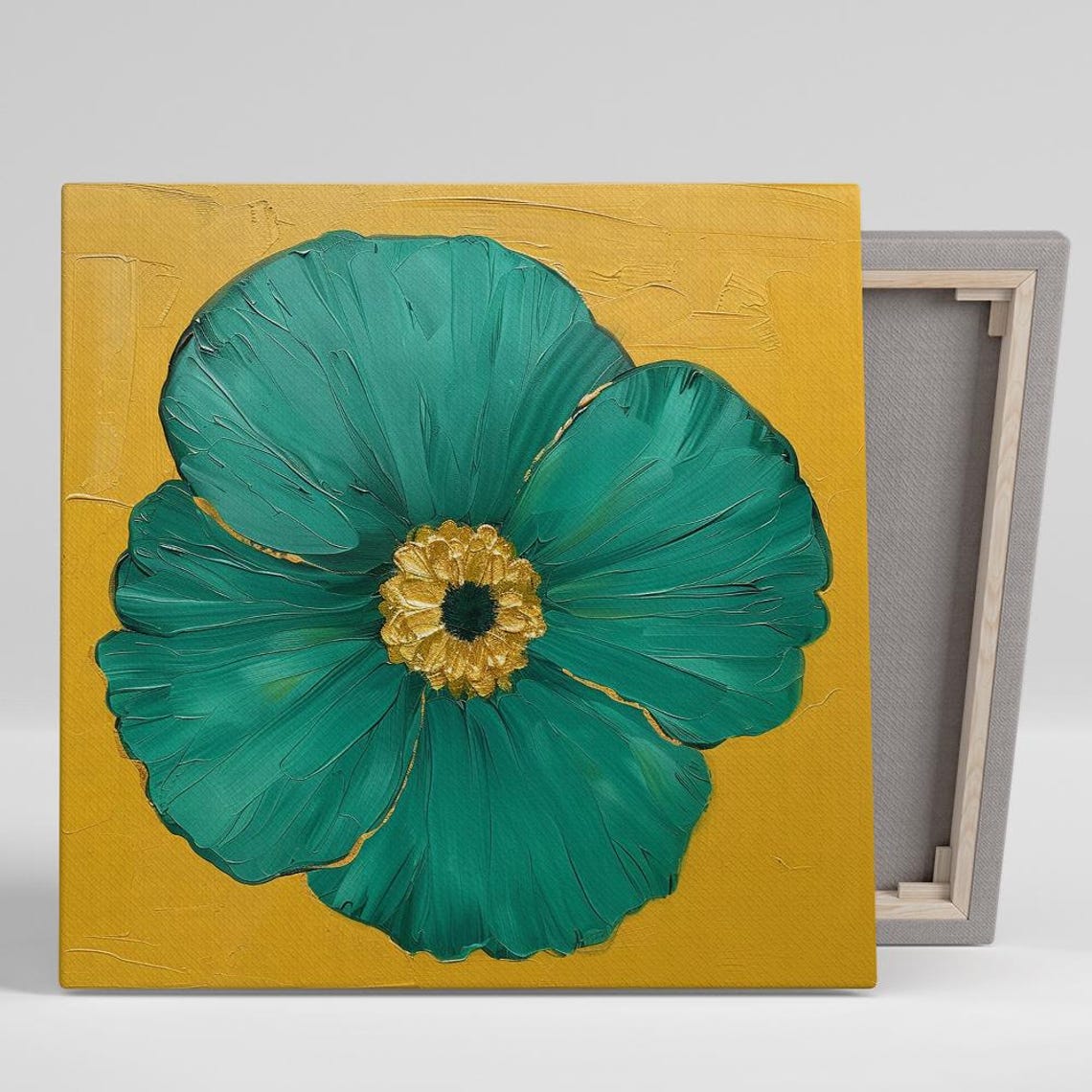 Emerald Green Poppy Gold Center Mustard Yellow Impasto Floral Poster