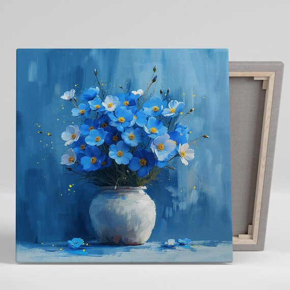 Blue Cosmos Bouquet White Vase Textured Impressionist Wall Art
