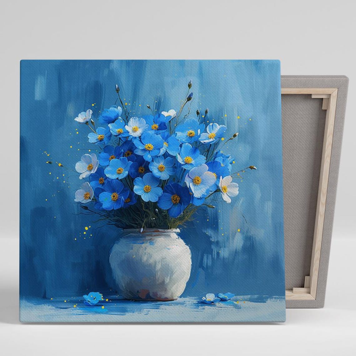 Blue Cosmos Bouquet White Vase Textured Impressionist Wall Art