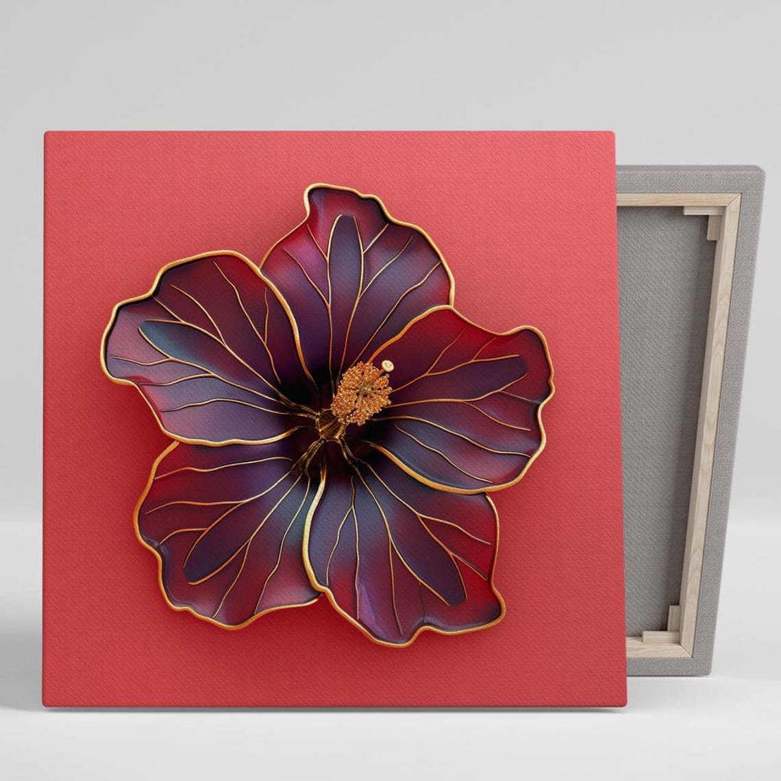 Dark Red Hibiscus Bloom With Gold Veins On Red Floral Art Poster
