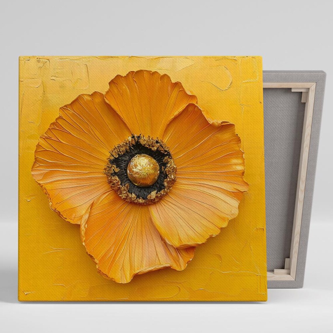 Orange Poppy Golden Center Mustard Impasto Textured Floral Art Poster