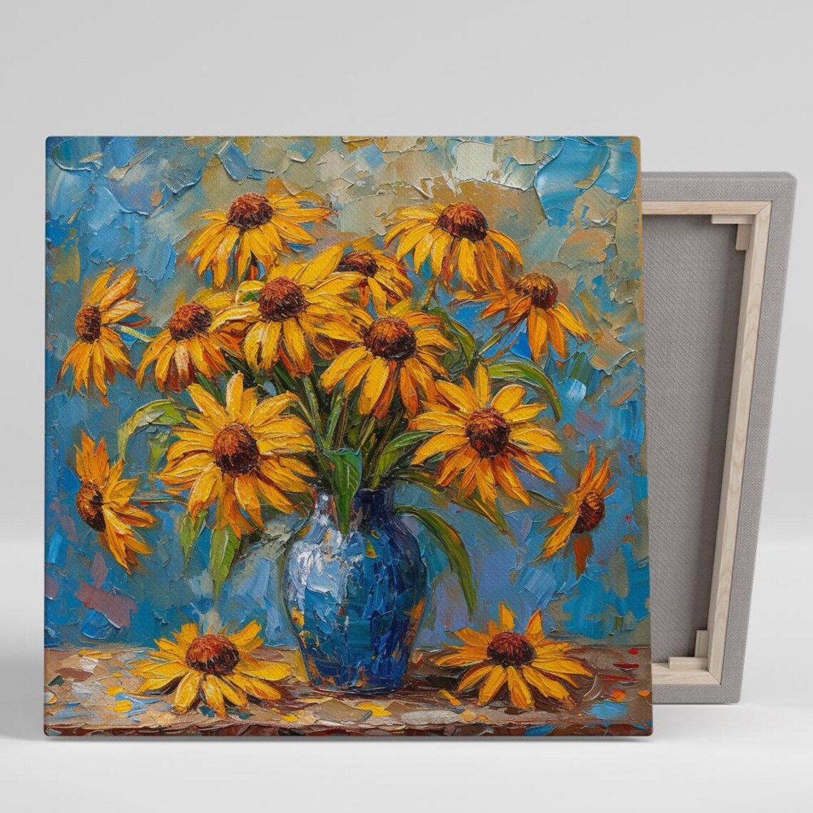 Black Eyed Susan Bouquet Blue Vase Impasto Still Life Flower Poster
