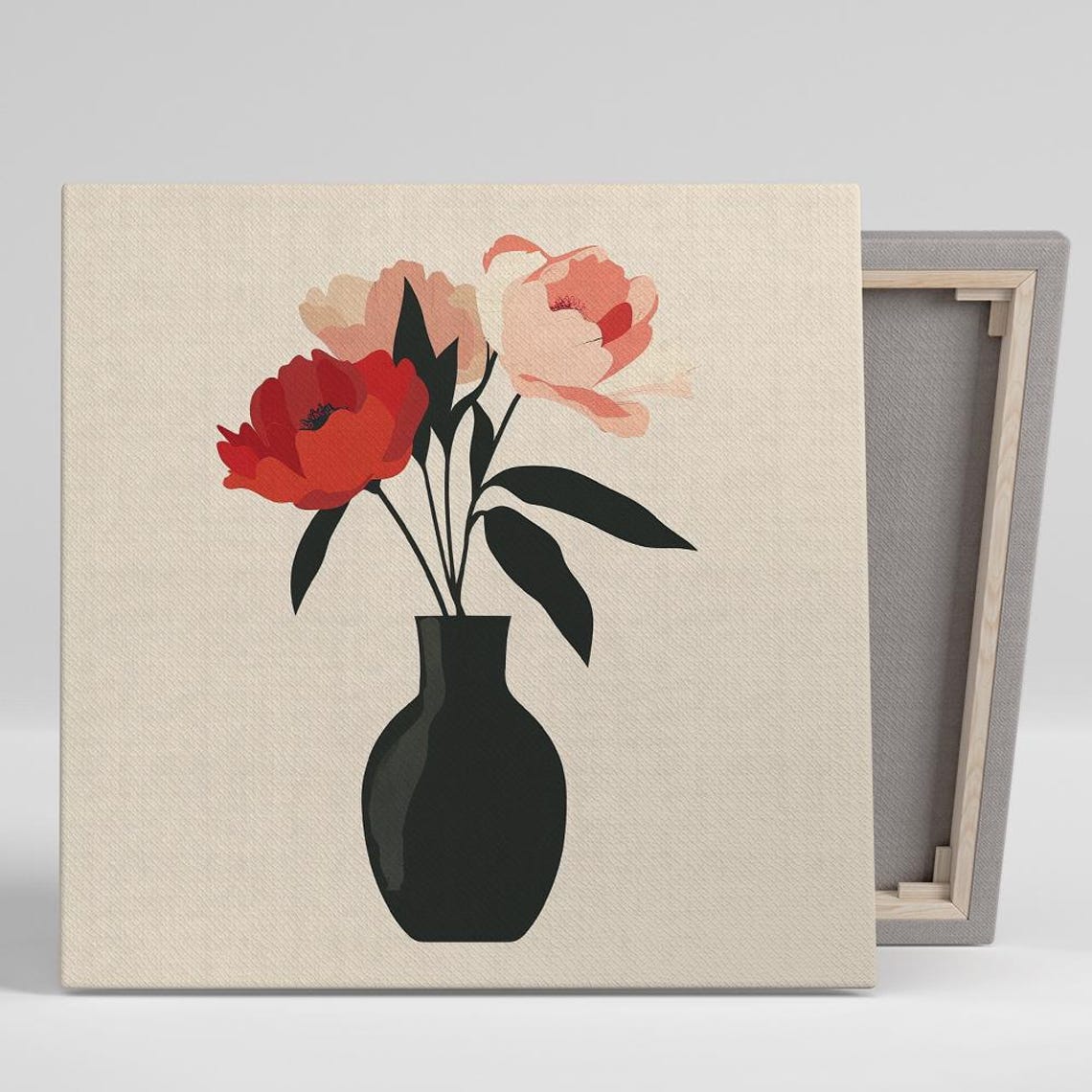 Red and Pink Peonies in Black Vase Minimalist Floral Print Poster