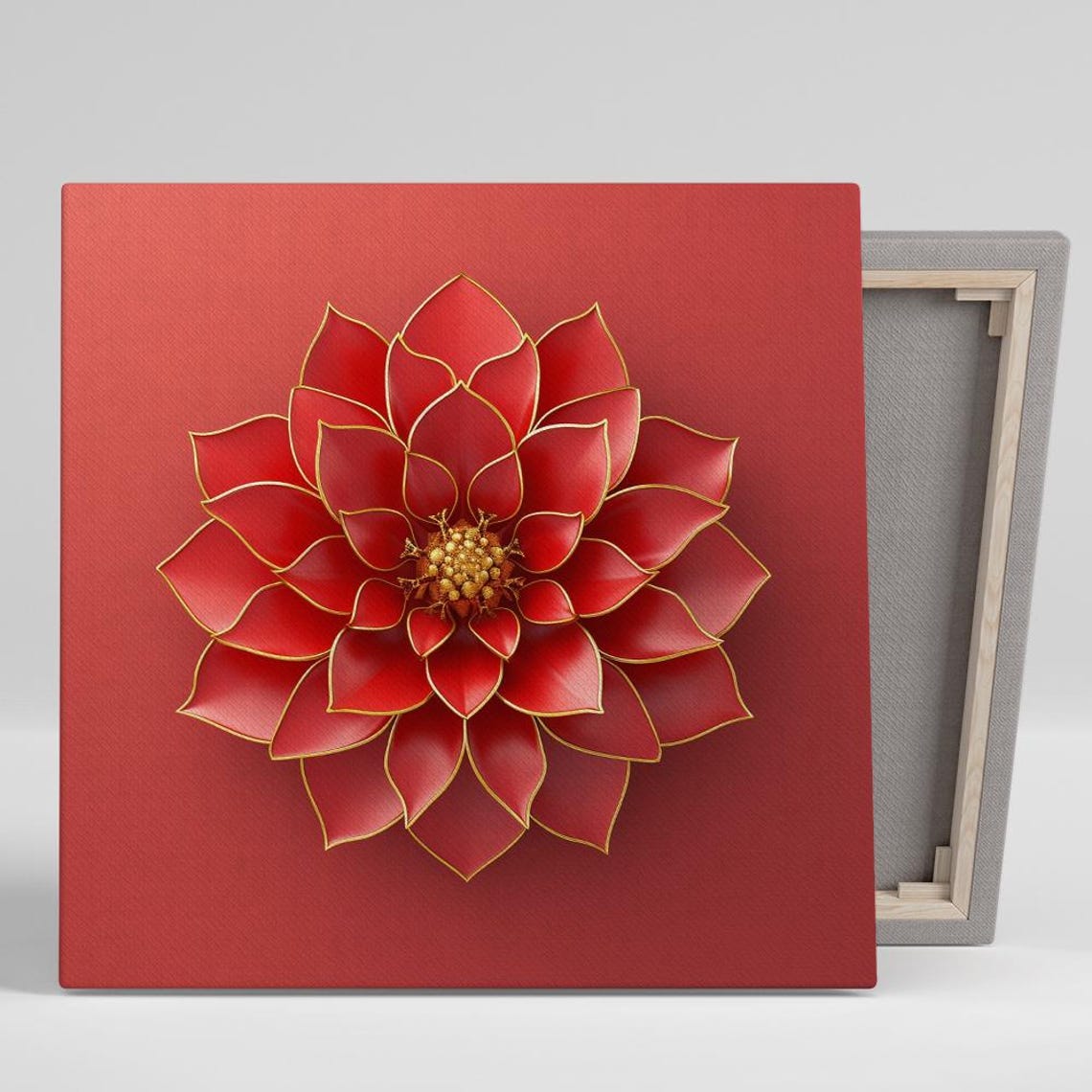 Red Dahlia Mandala Gold Edged Bold 3D Floral Glam Wall Art Poster
