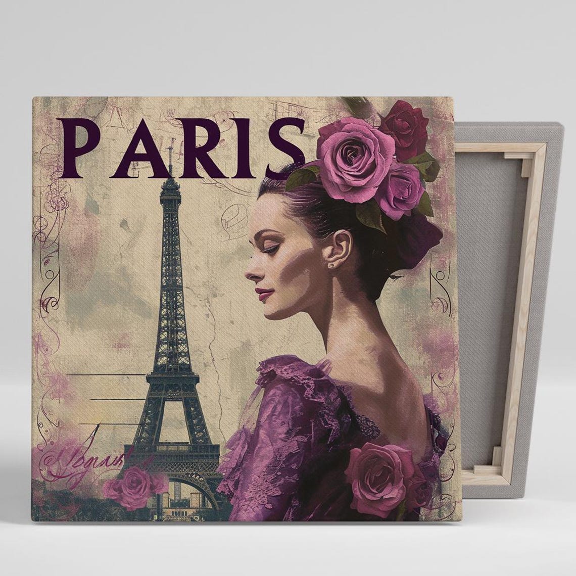 Vintage Paris Eiffel Tower Roses Collage Elegant Travel Poster