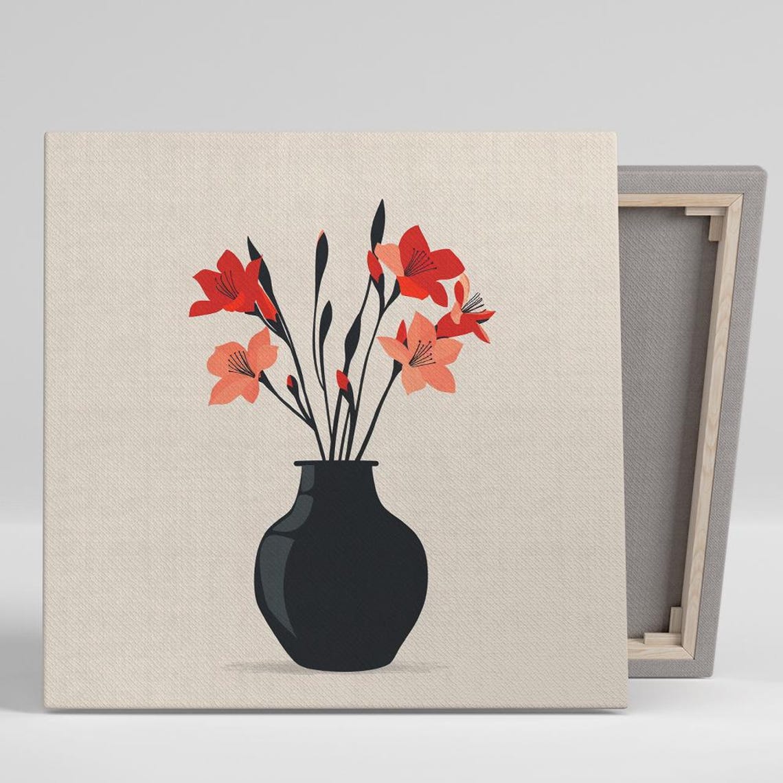 Red Lily Bouquet Black Vase Minimalist Illustration Floral Poster