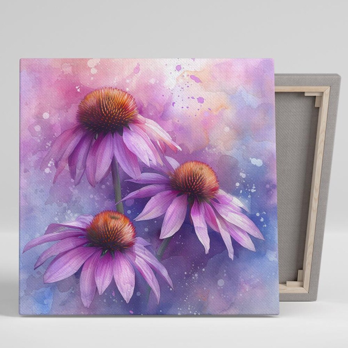 Purple Coneflower Trio Watercolor Dreamy Botanical Floral Wall Art