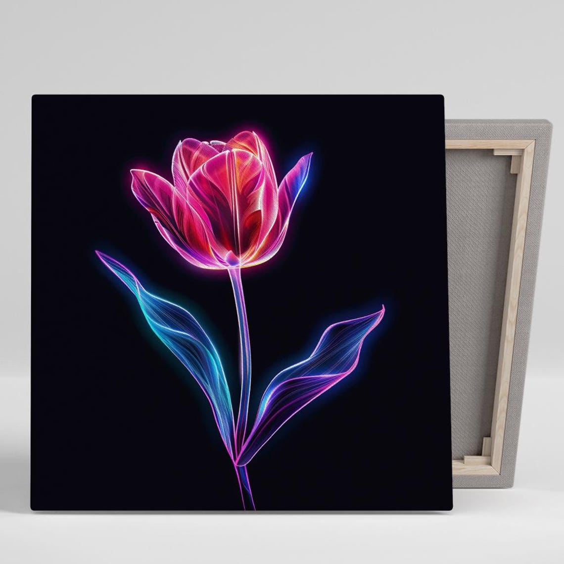Neon Pink Tulip Glowing Blue Leaves Dark Dramatic Floral Art Poster