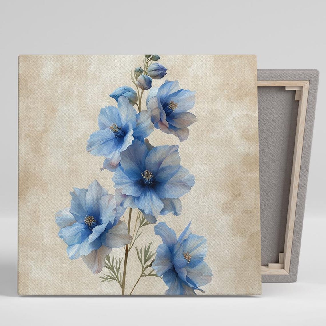 Blue Cosmos Flowers Watercolor Botanical Branch Beige Parchment Poster