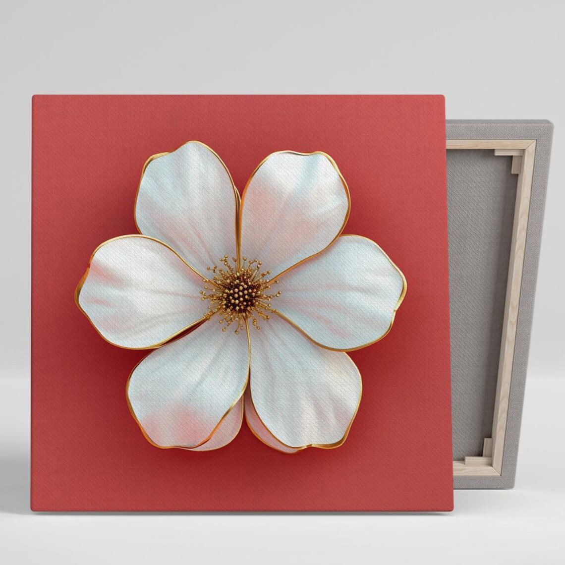 White Dogwood Blossom Gold Trim Red Background Luxury Floral Poster