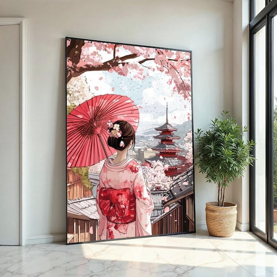 Cherry Blossom Geisha Canvas Print Serene Japanese Kimono Girltemple Wall Art For Living Room Bedroom Zen Home Decor