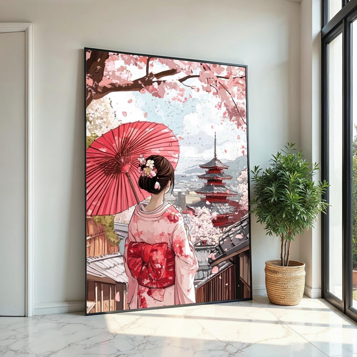 Cherry Blossom Geisha Kimono Umbrella Japanese Pagoda Wall Art