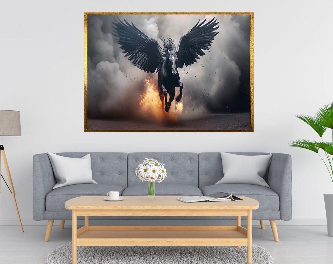 Black Pegasus Winged Horse Fire Smoke Fantasy Art Wall Poster