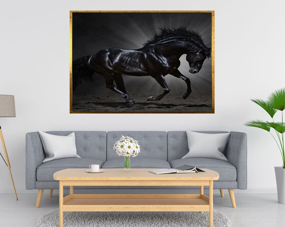 Majestic Black Horse Painting Wall Decor Noble Black Horse Painting Painting Large Animal Painting Ready To Hang Painting