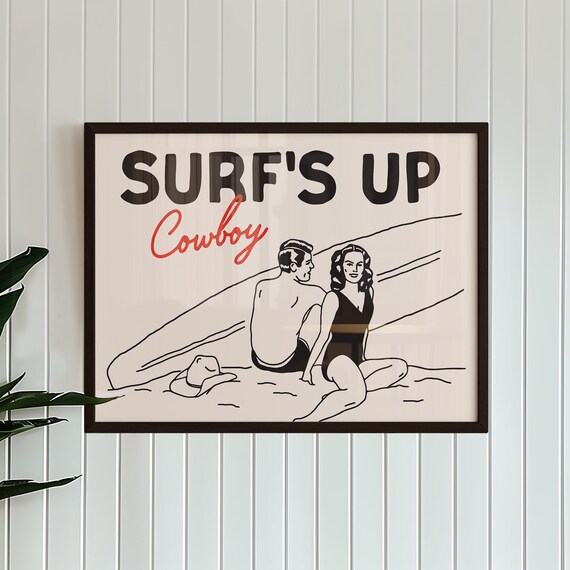 Surf's Up Cowboy Retro Beach Couple Surfboard Fun Art Poster