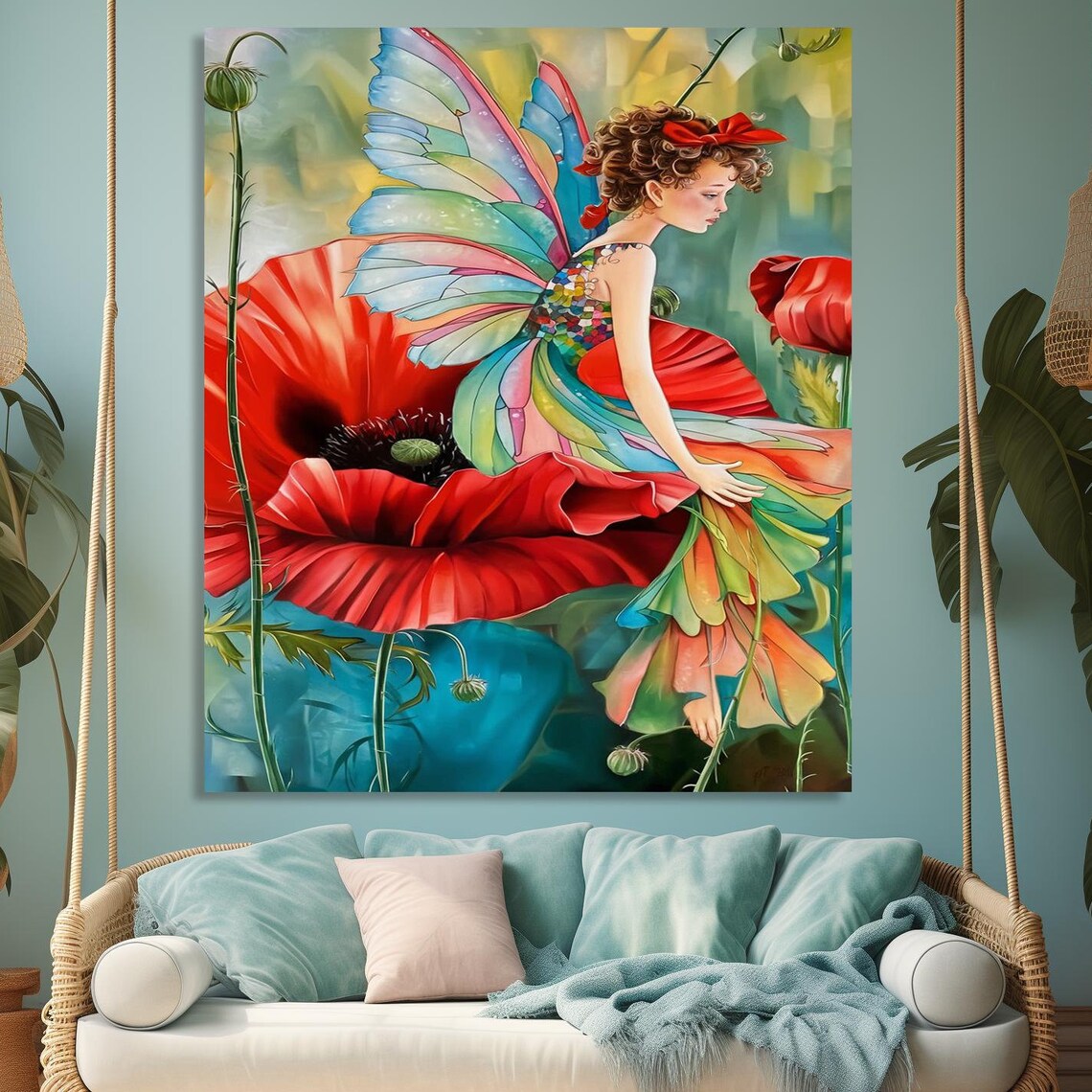 Fairy Girl Sitting On Red Poppy Flower Whimsical Fantasy Poster