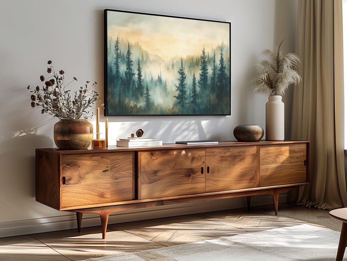 Christmas Pine Forest Watercolor Misty Evergreen Dawn Mountain Poster - Image 3