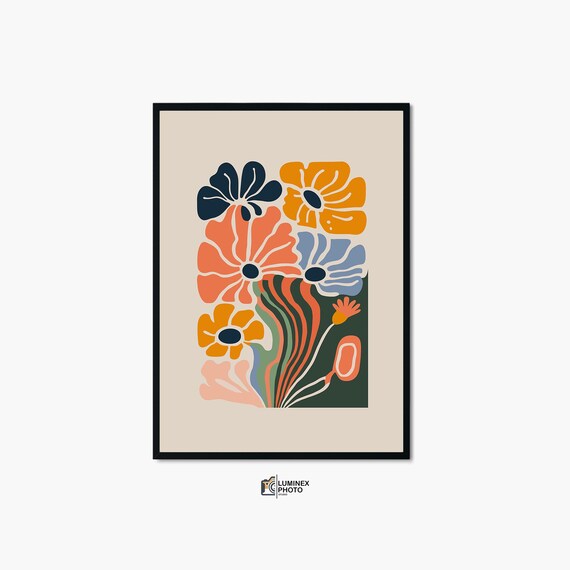 Abstract Floral Bouquet Navy Cream Retro Botanical Wall Decor Print