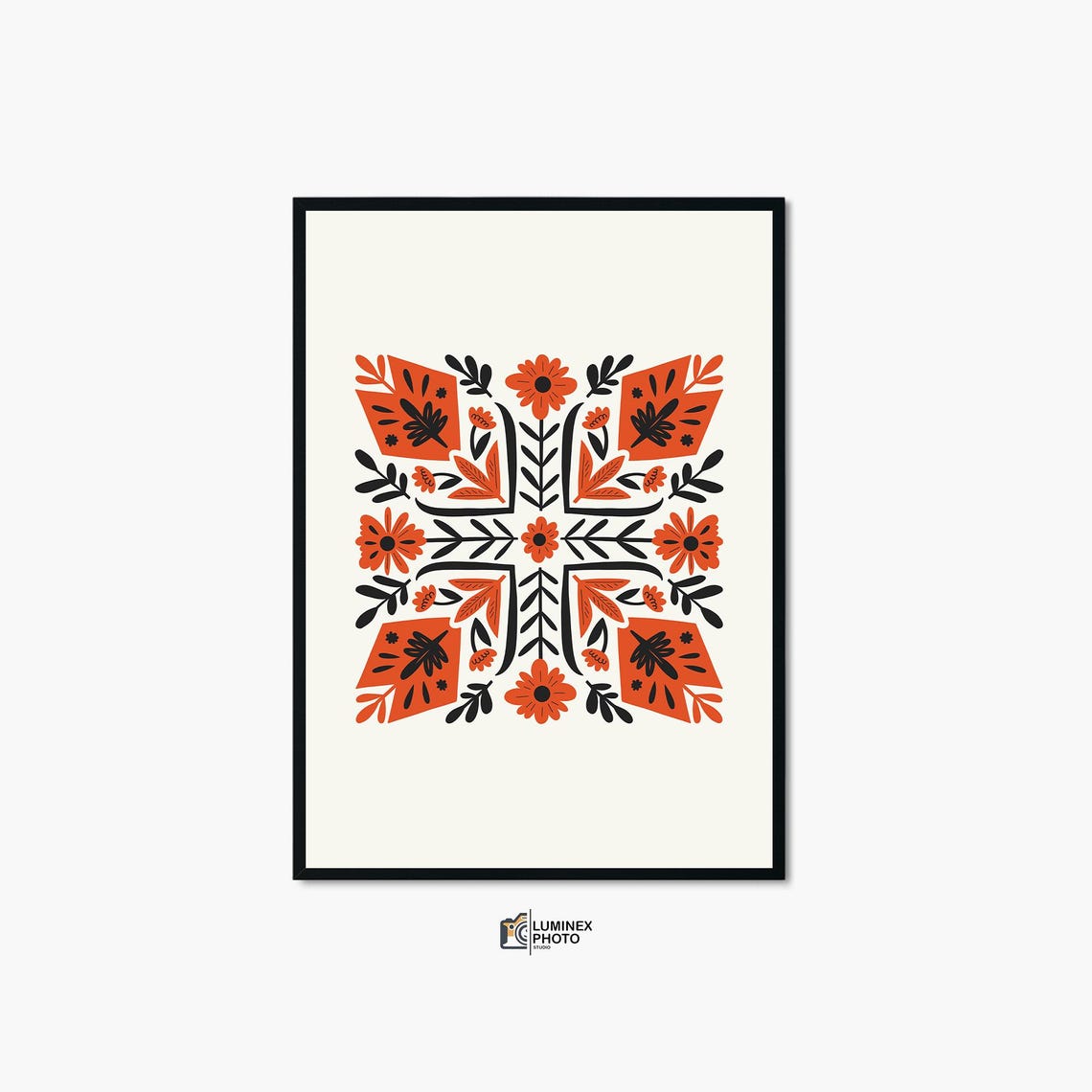 Scandinavian Geometric Floral Orange Black Folk Pattern Wall Art