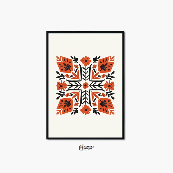 Scandinavian Geometric Floral Orange Black Folk Pattern Wall Art